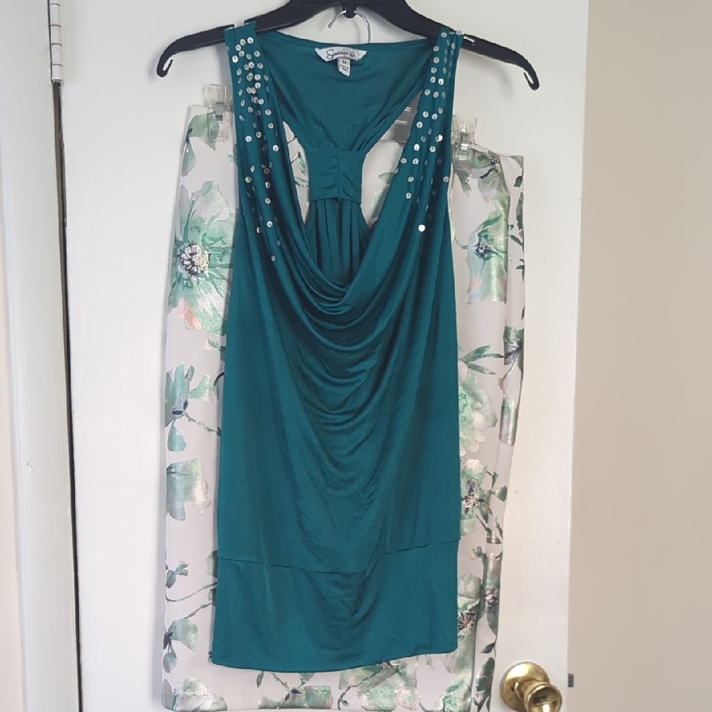 Teal Sleeveless Top with Embellished Straps And Matching Floral Skirt